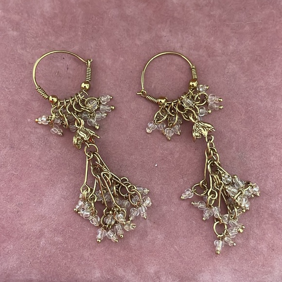 Dangle Earrings - Boho Vintage Gold Toned w/Clear Beads - 3" - Picture 12 of 15